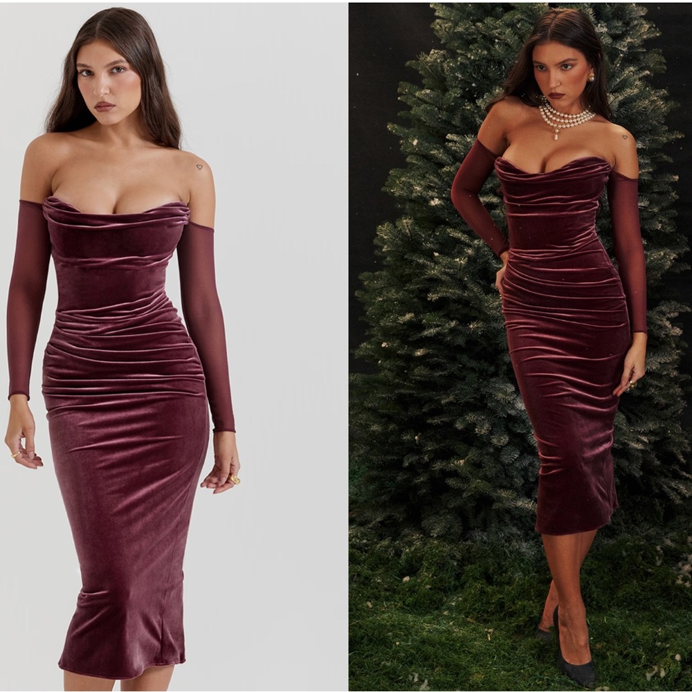 HOUSE OF CB Elegant Burgundy Off-Shoulder Velvet Dress